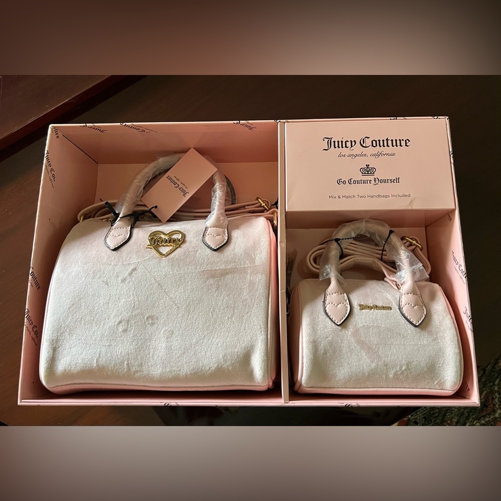 NIB Juicy Couture Pink Diamond Velour 2 Pc Satchel Set - Medium Mini